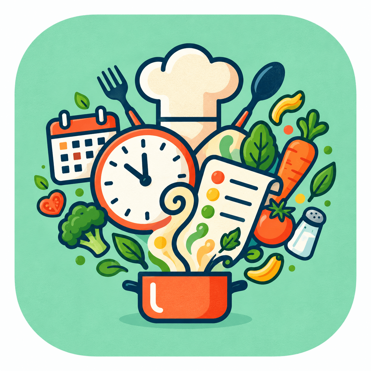 Calendário, relógio, receitas e ingredientes reunidos em uma panela, representando o planejamento semanal da WeeKook